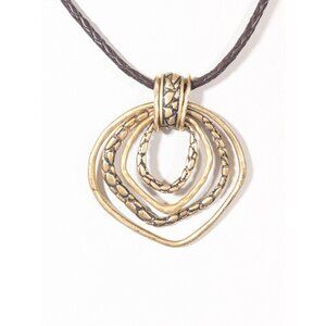 Chicos Gold Tone Multi Ring Pendant Brown Braided Cord Necklace Boho Western 20"